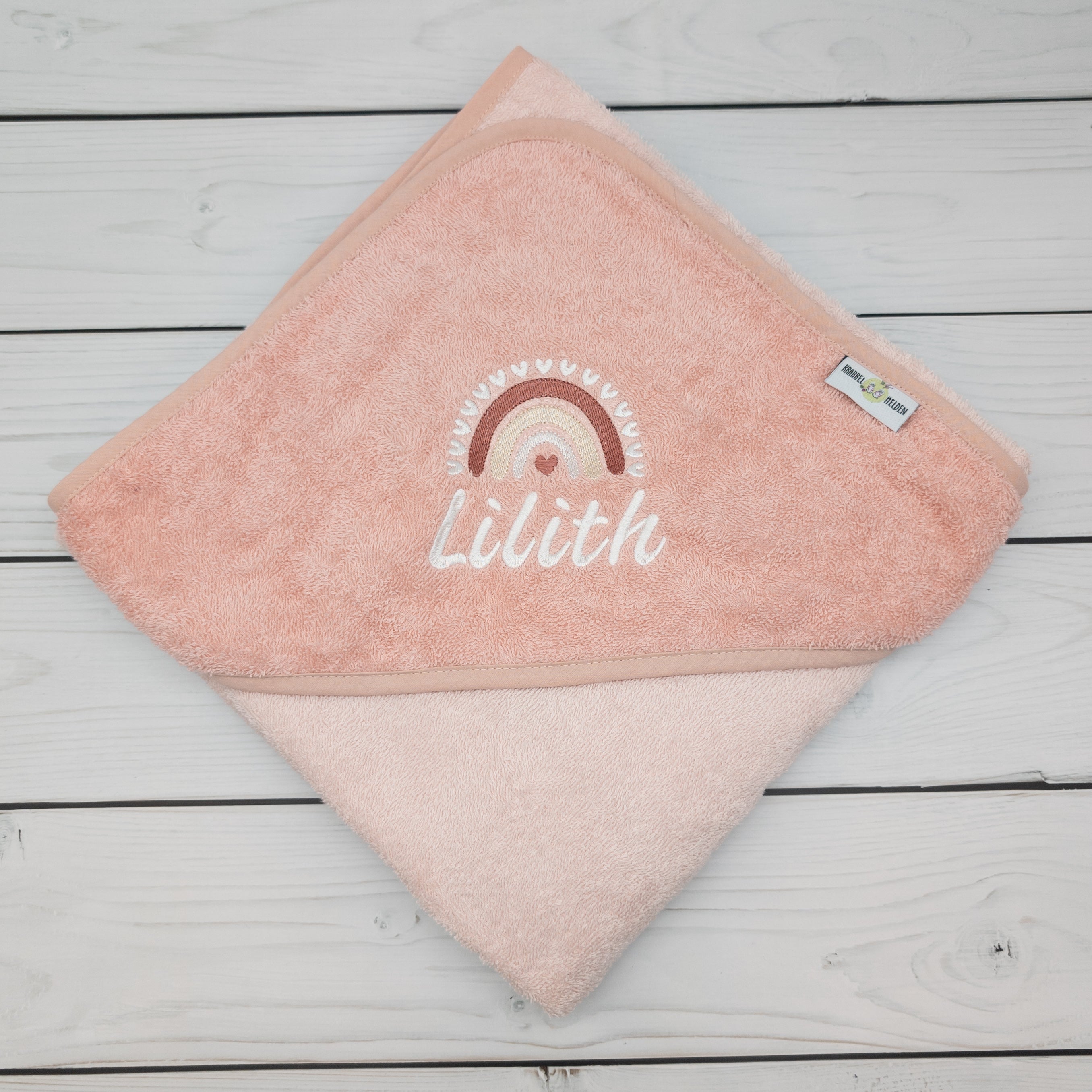 Kapuzenhandtuch mit Regenbogen und mit Namen personalisiert 100 x 100cm Babygeschenk