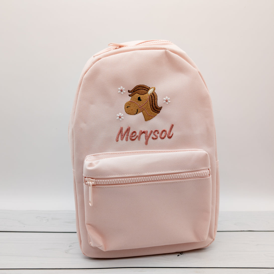 Kinderrucksack personalisiert mit Name und Pferdkopf und Blumen 6 Farben wählbar