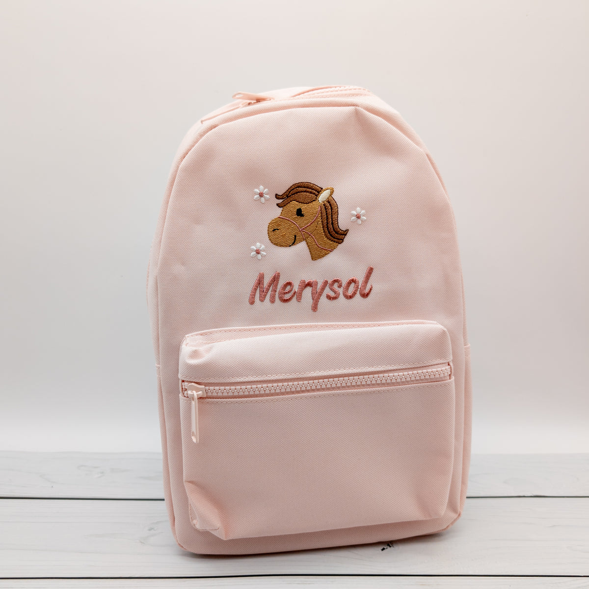 Kinderrucksack personalisiert mit Name und Pferdkopf und Blumen 6 Farben wählbar