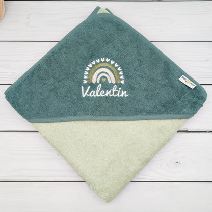 Kapuzenhandtuch mit Regenbogen und mit Namen personalisiert 100 x 100cm Babygeschenk