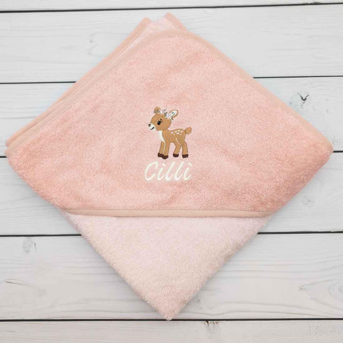 Kapuzenhandtuch mit Reh und mit Name personalisiert 100 x 100cm Babygeschenk