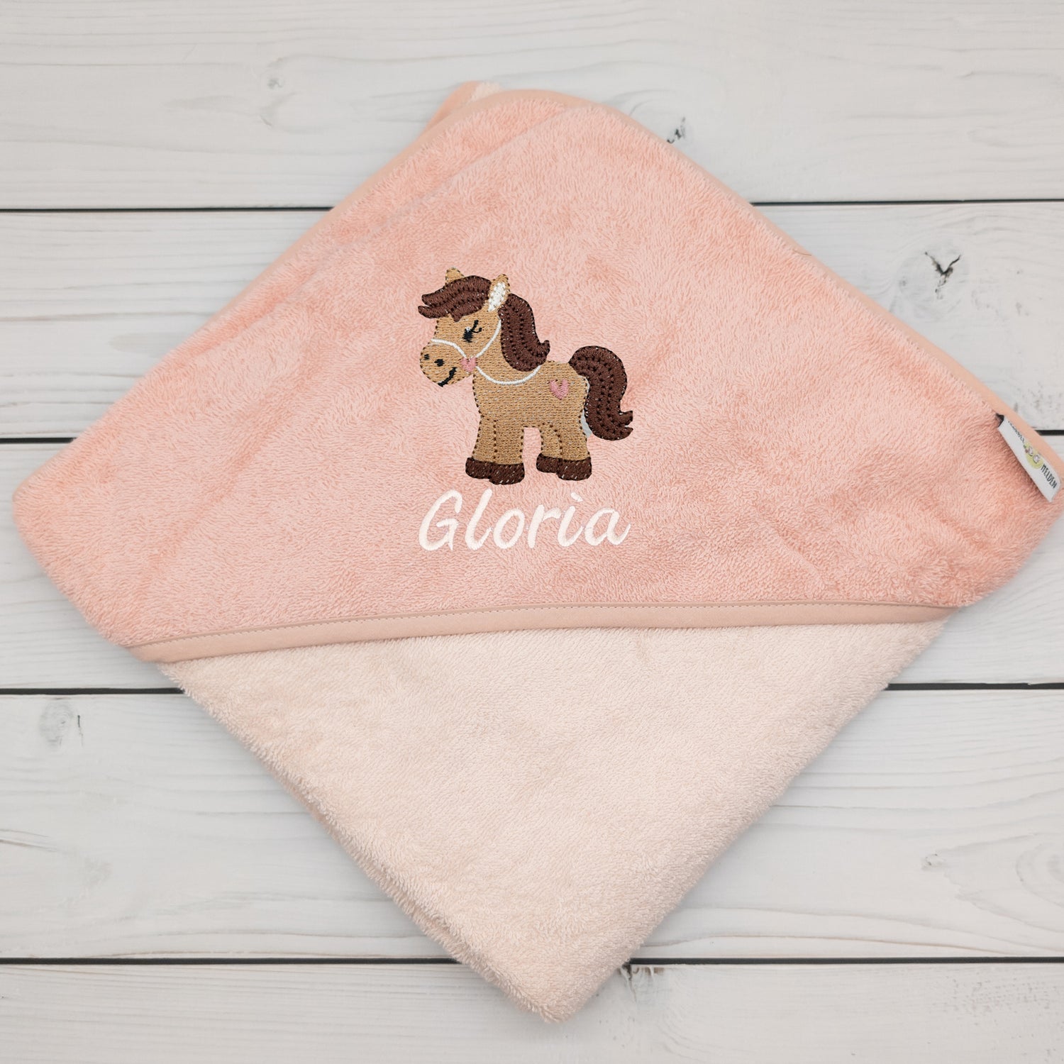 Kapuzenhandtuch mit Pferd und mit Namen personalisiert 100 x 100cm Babygeschenk
