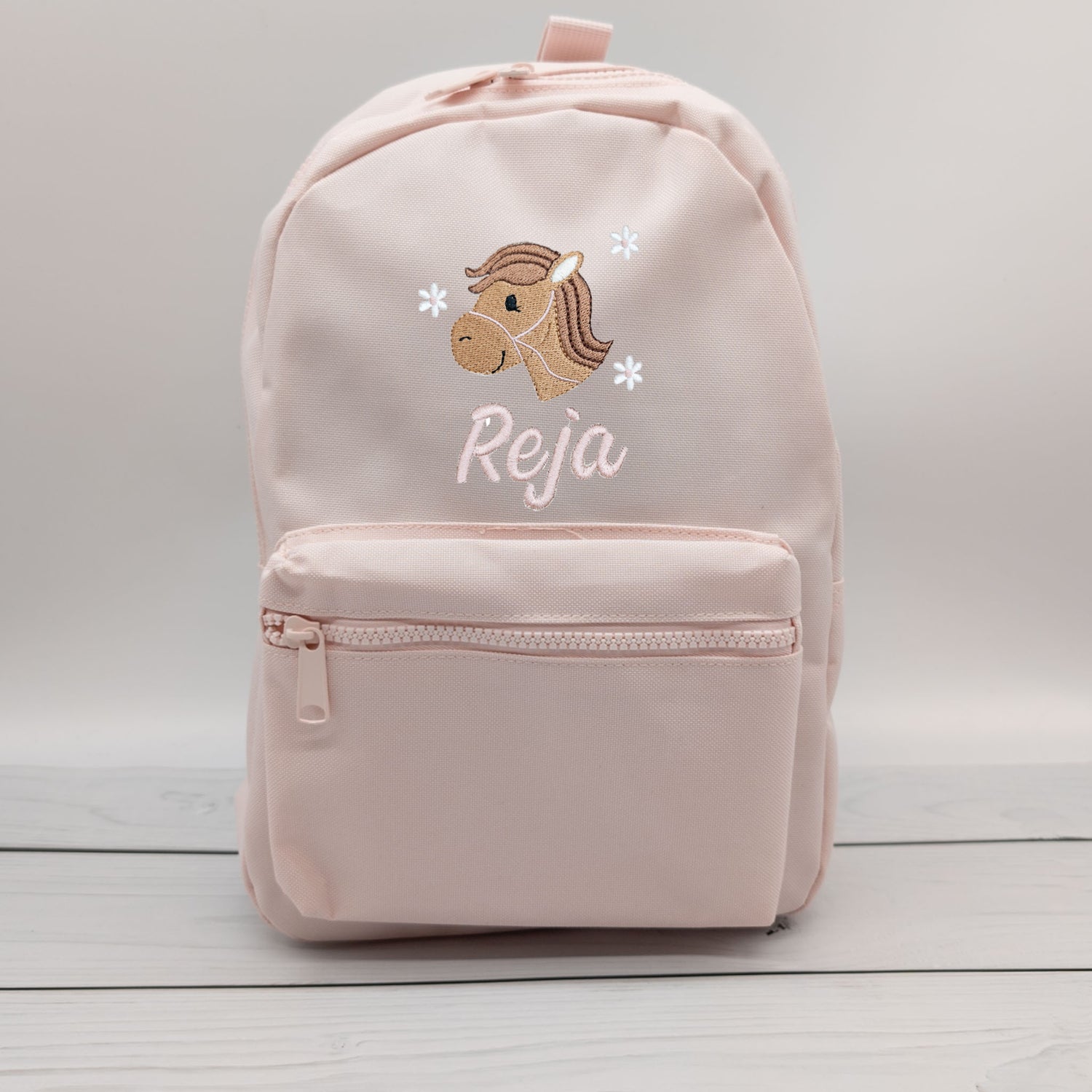 Kinderrucksack personalisiert mit Name und Pferdkopf und Blumen 6 Farben wählbar (Kopie)