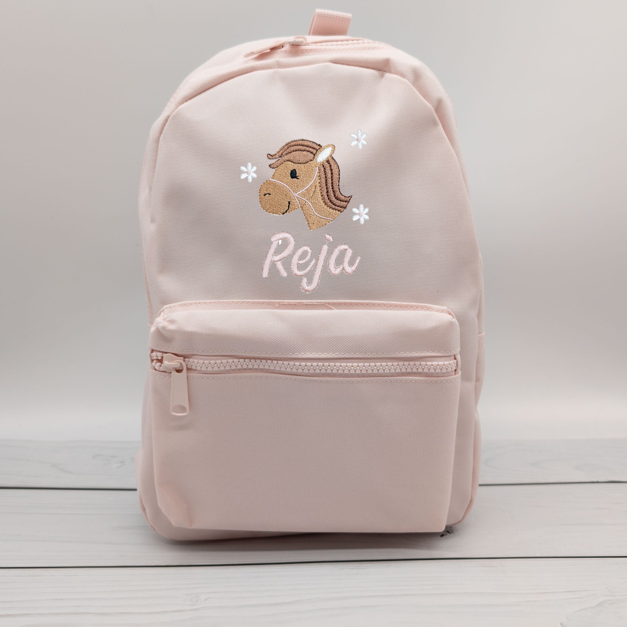 Kinderrucksack personalisiert mit Name und Pferdkopf und Blumen 6 Farben wählbar (Kopie)