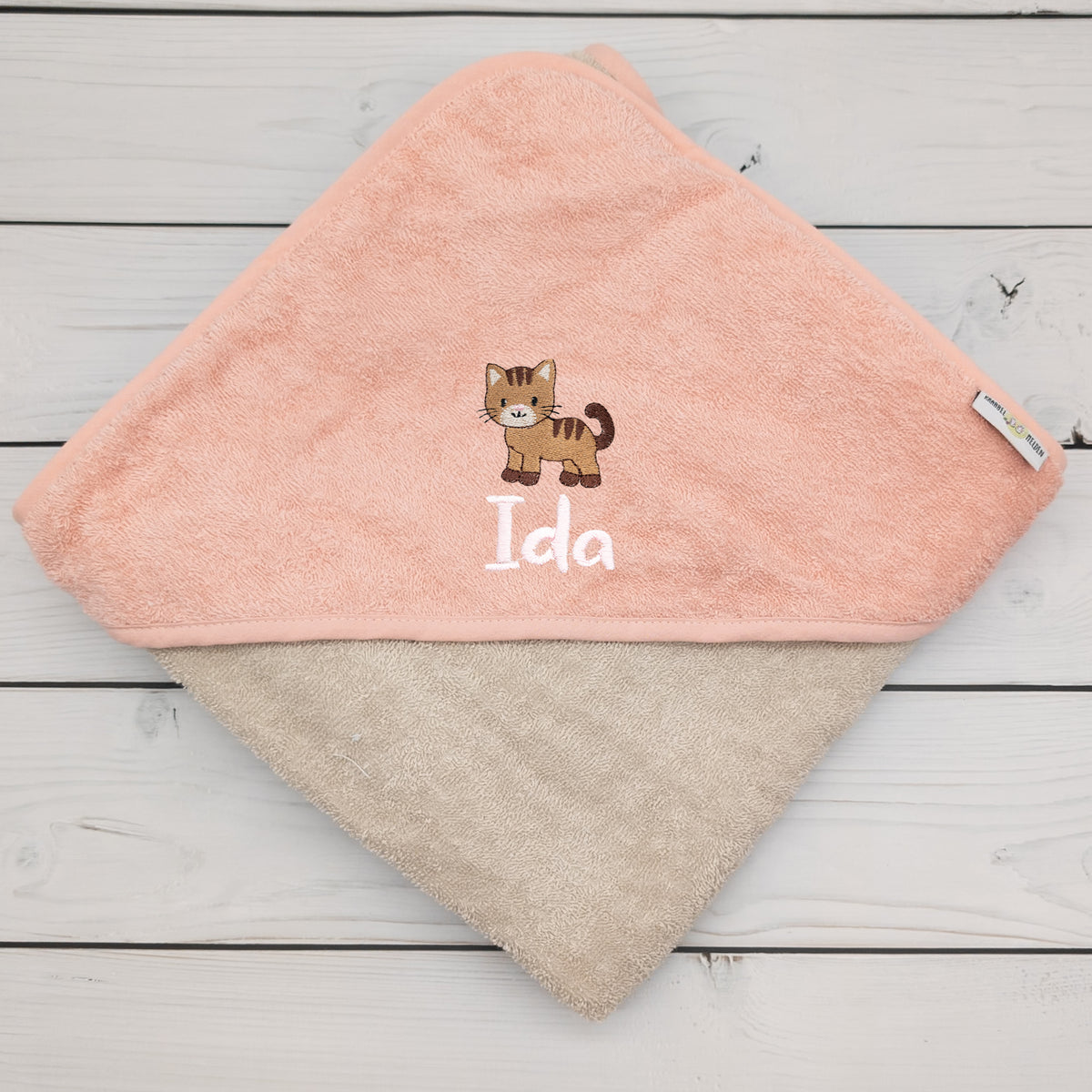 Kapuzenhandtuch mit Katze und mit Name personalisiert 100 x 100cm Babygeschenk