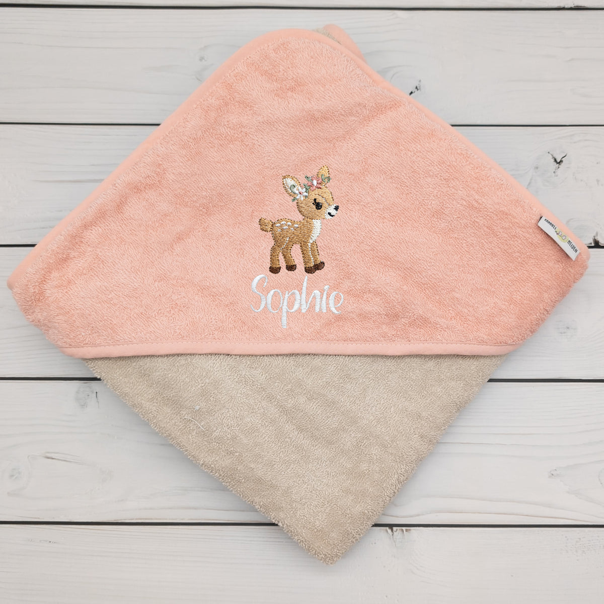 Kapuzenhandtuch mit Reh und mit Name personalisiert 100 x 100cm Babygeschenk