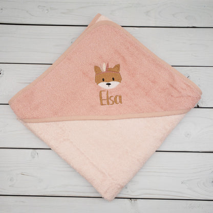 Geschenk-Set Boho Fuchs - Kapuzenhandtuch und Krabbelschuhe mit Namen