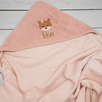 Geschenk-Set Boho Fuchs - Kapuzenhandtuch und Krabbelschuhe mit Namen