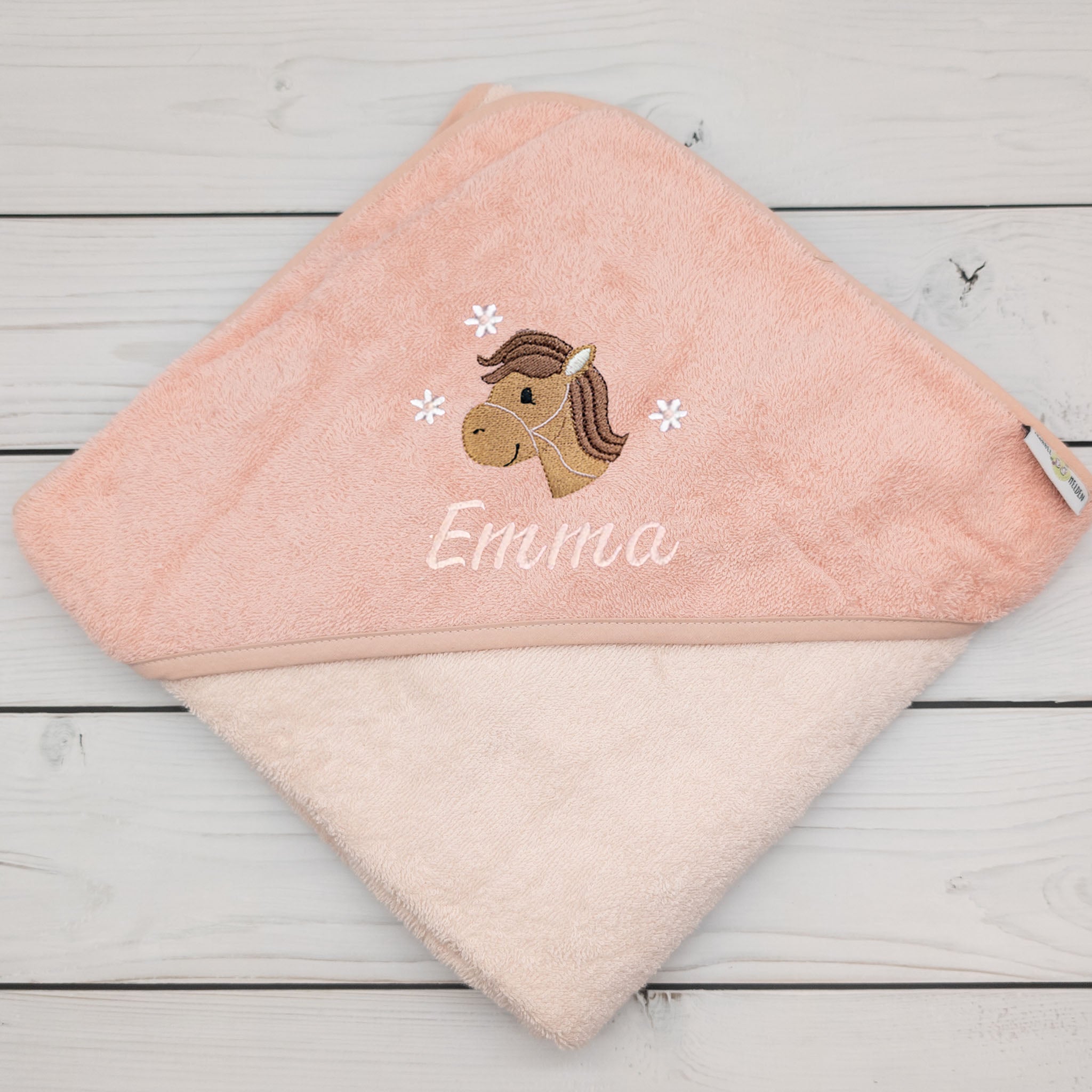 Kapuzenhandtuch für Babys und Kinder in 100x100cm mit Pferd mit Namen personalisiert Geschenk Geburt mit Namen