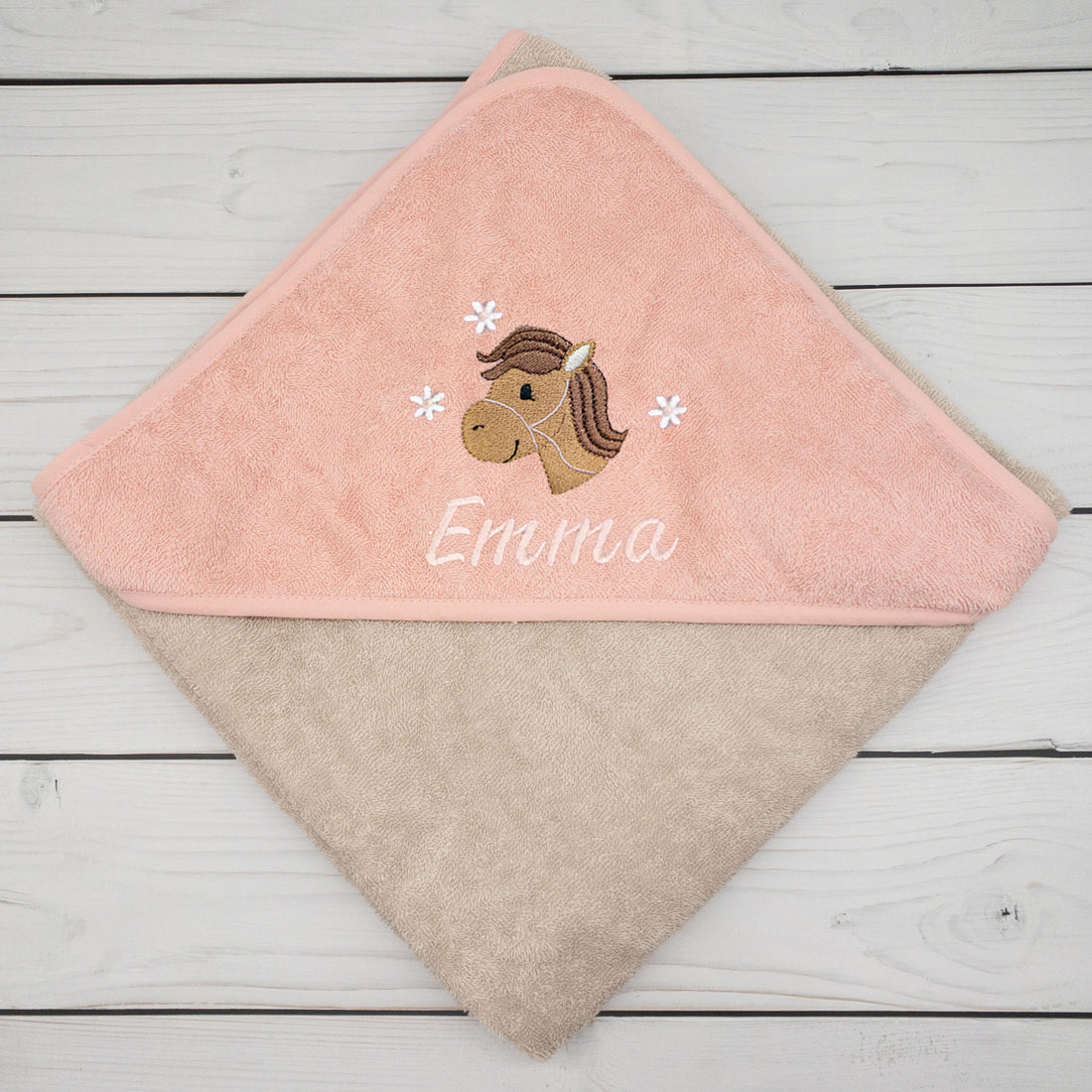 Kapuzenhandtuch für Babys und Kinder in 100x100cm mit Pferd mit Namen personalisiert Geschenk Geburt mit Namen