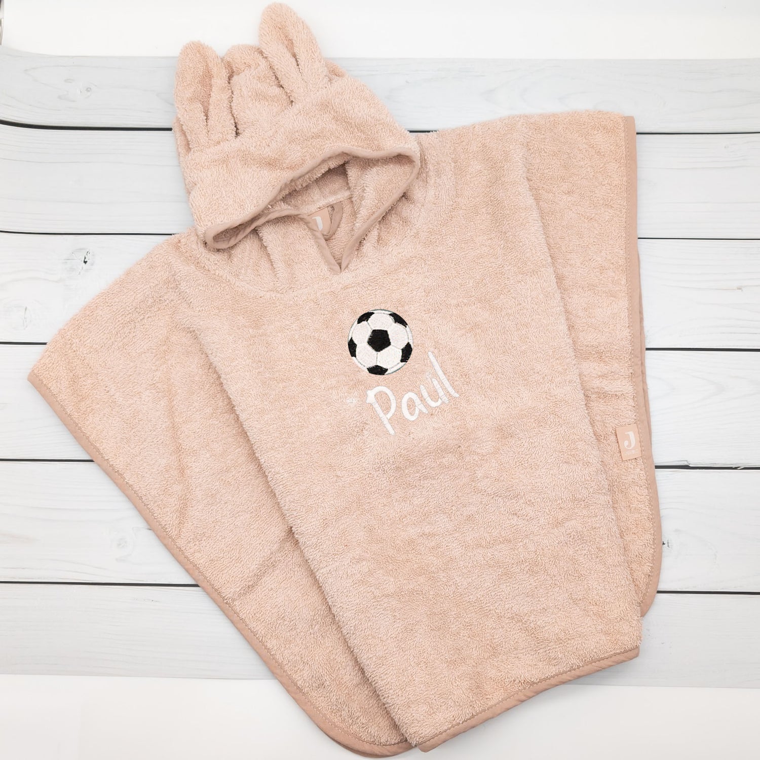 Badeponcho aus Baumwoll Frottee mit Fussball und Name von Krabbelhelden