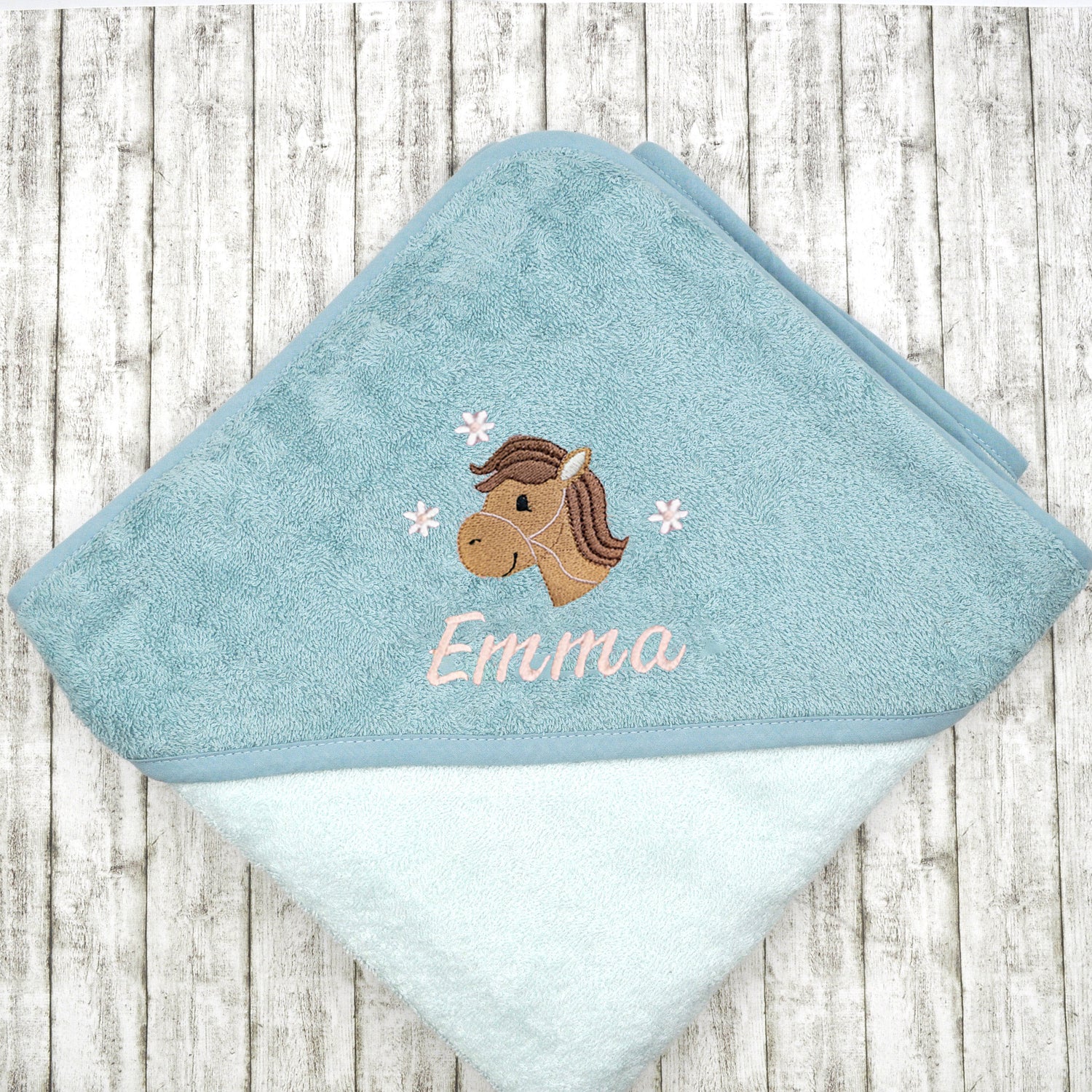 Kapuzenhandtuch für Babys und Kinder in 100x100cm mit Pferd mit Namen personalisiert Geschenk Geburt mit Namen