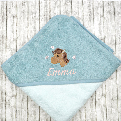 Kapuzenhandtuch für Babys und Kinder in 100x100cm mit Pferd mit Namen personalisiert Geschenk Geburt mit Namen